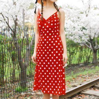 Set: Spaghetti Strap Dotted A-line Midi Dress + Light Jacket