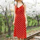 Set: Spaghetti Strap Dotted A-line Midi Dress + Light Jacket