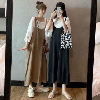 Set: 3/4-sleeve Plain T-shirt + Midi Overall Dress