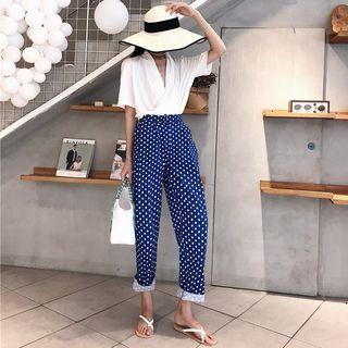 Elbow-sleeve V-neck Top / Dotted Harem Pants