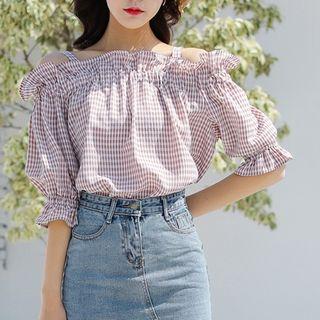 Plaid Off Shoulder Short Sleeve Blouse