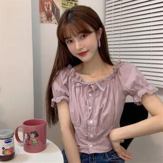 Lace Trim Short Sleeve Tie-neck Blouse