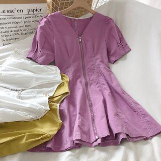 Short-sleeve Stitched Zip A-line Dress