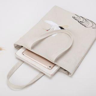 Crane Embroidered Canvas Shopper Bag Beige - One Size