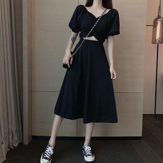 Puff-sleeve Shirred Cutout Maxi Dress