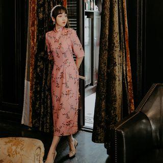 Flower Print Elbow-sleeve Qipao / Lace Trim Open Front Jacket
