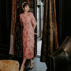 Flower Print Elbow-sleeve Qipao / Lace Trim Open Front Jacket
