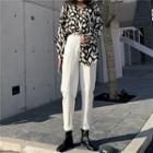 Printed Blouse / Turtleneck Cable-knit Sweater / Cropped Straight-fit Jeans