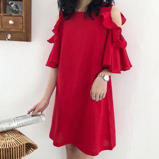 Elbow-sleeve Ruffle Cold Shoulder Shift Dress