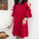 Elbow-sleeve Ruffle Cold Shoulder Shift Dress
