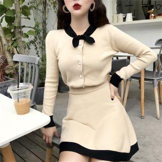 Set: Tie Neck Knit Top + A-line Skirt Set Of 2 - Top - As Shown In Figure - One Size / Skirt - As Shown In Figure - One Size