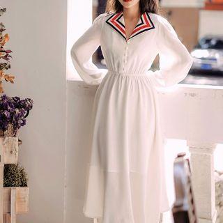 Long-sleeve Striped Collar A-line Midi Dress