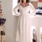 Long-sleeve Striped Collar A-line Midi Dress