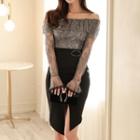 Set: Long-sleeve Off-shoulder Lace Top + Fitted Skirt