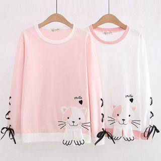 Long-sleeve Lace-up Cat Print T-shirt