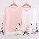 Long-sleeve Lace-up Cat Print T-shirt