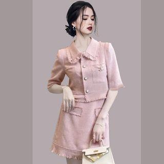 Set: Elbow-sleeve Collar Single-breasted Jacket + Mini A-line Skirt