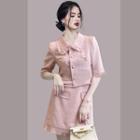 Set: Elbow-sleeve Collar Single-breasted Jacket + Mini A-line Skirt