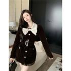 Contrast Collar Buckled Velvet Mini Coat Dress