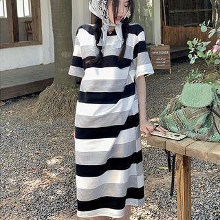 Short-sleeve Striped Sheath Dress Dress - Stripe - Black & White - One Size