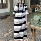 Short-sleeve Striped Sheath Dress Dress - Stripe - Black & White - One Size