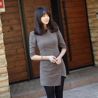 Elbow-sleeve Asymmetric-hem Dress
