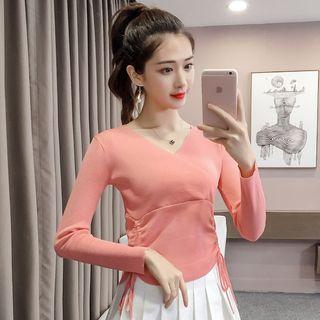 Long-sleeve V-neck Drawstring Knit Top