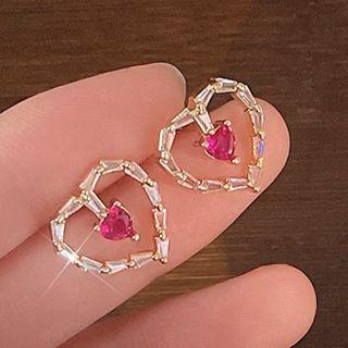 Rhinestone Heart Stud Earring C-856 - 1 Pair - Transparent & Rose Pink - One Size
