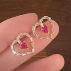 Rhinestone Heart Stud Earring C-856 - 1 Pair - Transparent & Rose Pink - One Size