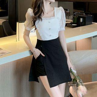 Set: Puff-sleeve Square-neck Blouse + Shorts