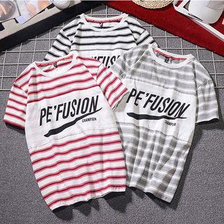 Couple Matching Short-sleeve Striped Panel Lettering T-shirt