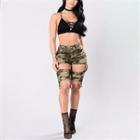 Skinny-fit Distressed Camouflage Denim Shorts