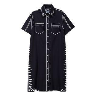 Elbow-sleeve Contrast Trim Midi Shirtdress Black - One Size