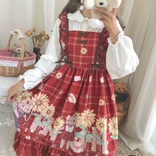 Frilled Trim Blouse / Bear Print Spaghetti Strap A-line Dress