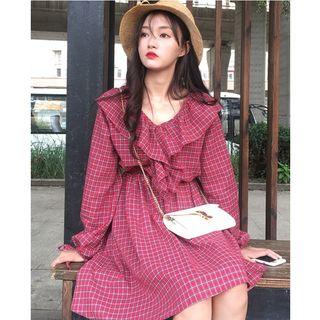 Ruffled Check Long-sleeve A-line Dress