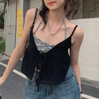 Set: Lettering Cropped Halter Top + Flowy Cropped Camisole Top Set Of 2 - Halter Top & Camisole Top - White & Black - One Size