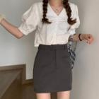 Ruched Short-sleeve Blouse / Mini Pencil Skirt