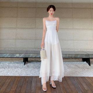 Mesh Panel Wide-leg Spaghetti Strap Jumpsuit
