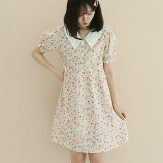 Pointy-collar Floral Dress One Size