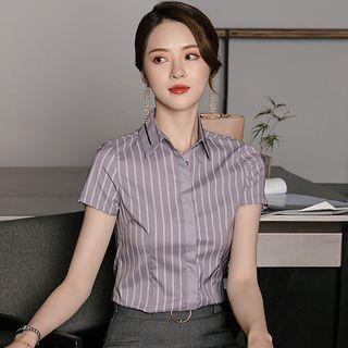 Short-sleeve Striped Dress Shirt / Mini Pencil Skirt / Set