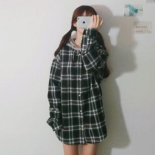 Plaid Shirt External Wide Long-sleeve Hooded Top Black - One Size