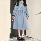 Long-sleeve Collared Midi A-line Dress Blue - One Size