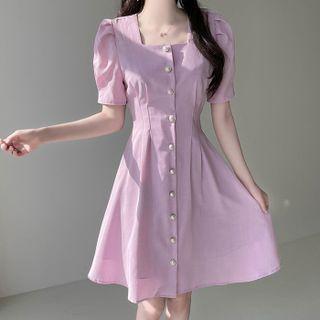 Square-neck Pintuck Long Dress