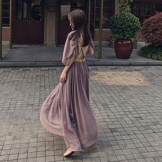 V-neck Open-back Color Panel Dress