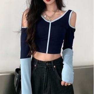 Long-sleeve Two Tone Cold-shoulder Crop Top Navy Blue - One Size