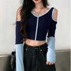 Long-sleeve Two Tone Cold-shoulder Crop Top Navy Blue - One Size