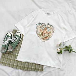 Short-sleeve Angel Printed T-shirt White - One Size
