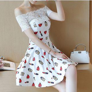Print Lace Panel Off-shoulder Short-sleeve Dress