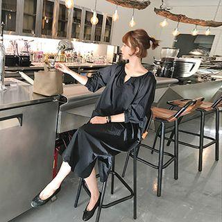 Open-placket Puff-sleeve Dress