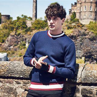Striped Trim Round Neck Pullover